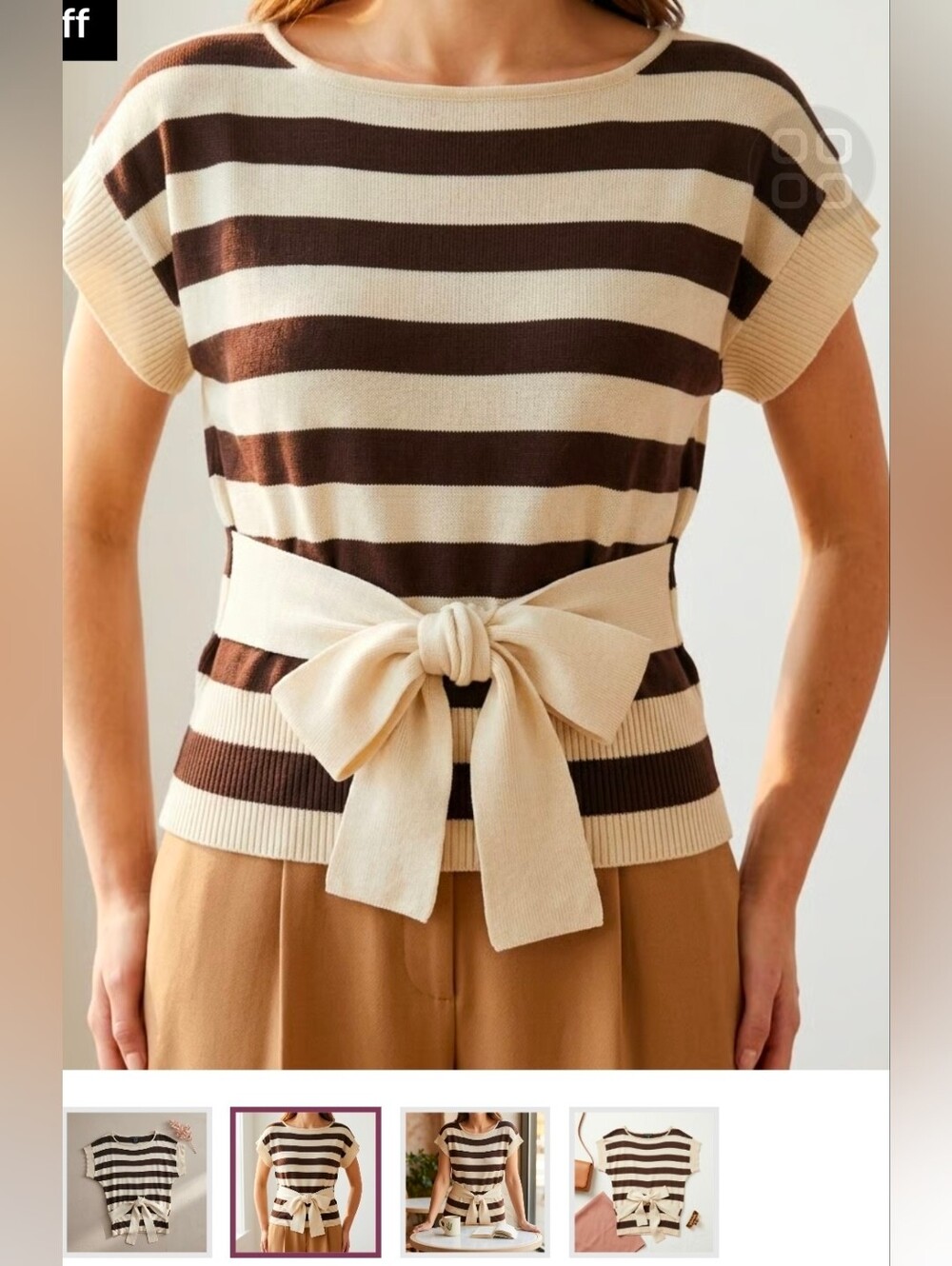 52 Weekends Cream & Brown Striped Knit Top with Waist Tie